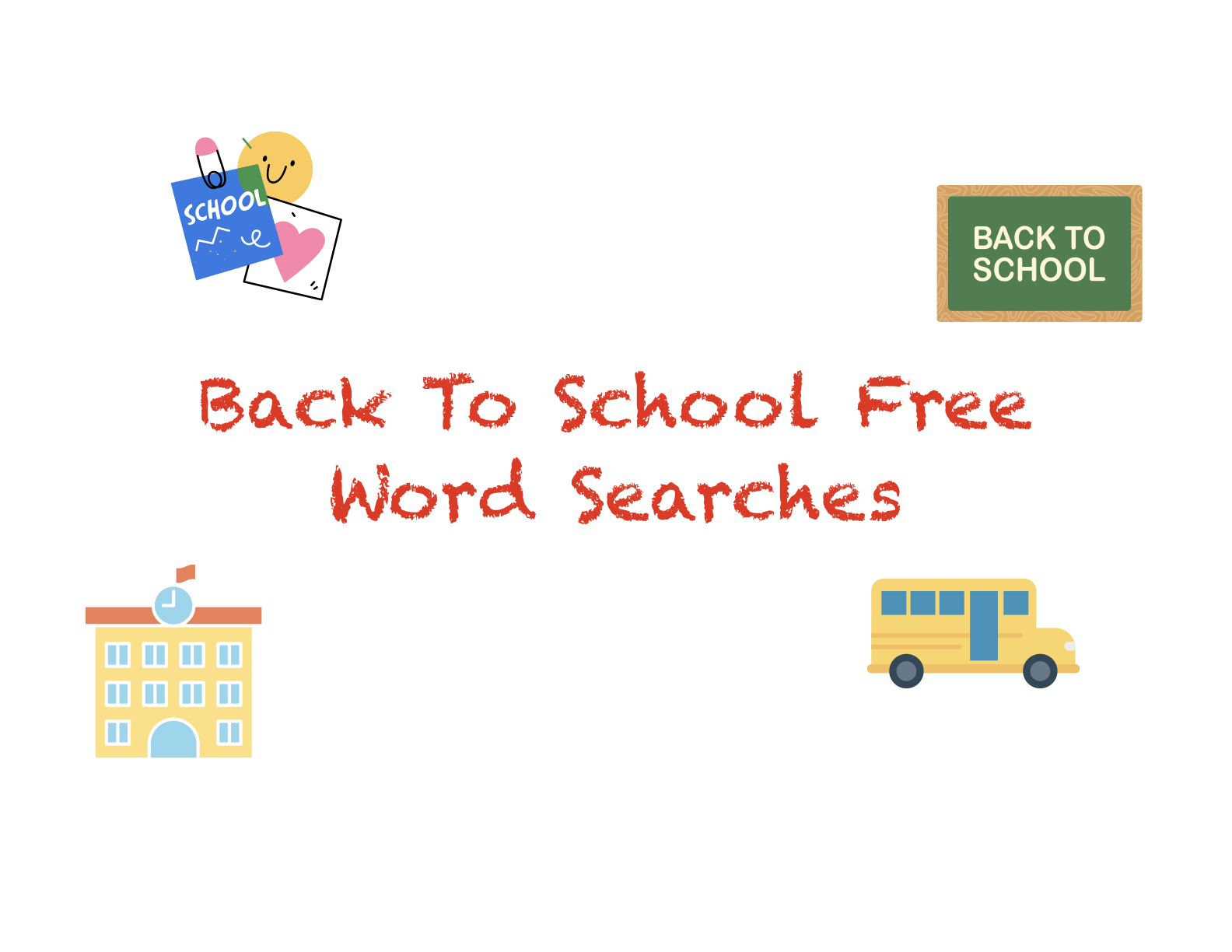 Back To School Free Word Search Printable Activities cover with a backpack and school bus illustration