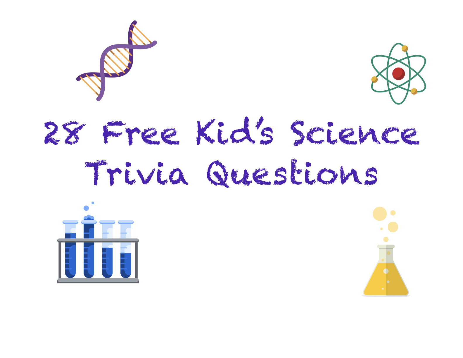 28 Free Kid's Science Trivia Questions cover with DNA and science icon illustrations