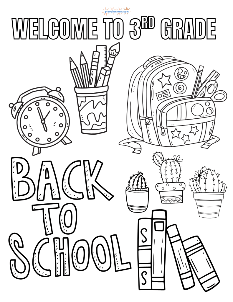 Free Welcome to 3rd Grade Coloring Pages - cover page with school supplies illustration