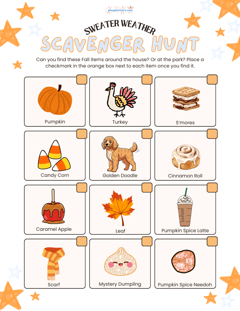 Free Fall Scavenger Hunt for Babysitters - scavenger hunt checklist page
