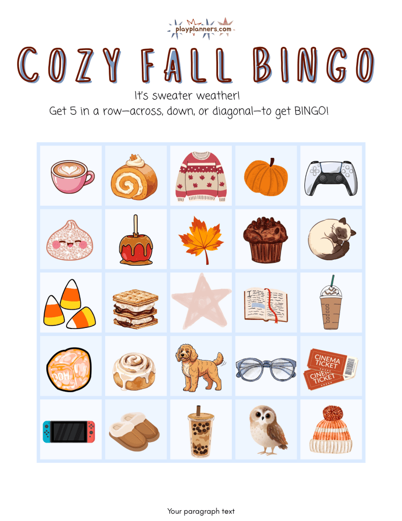 Cozy Fall Bingo free printable game - bingo card 1