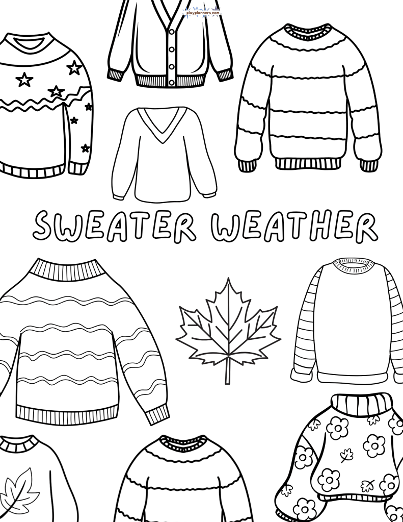 Fall Coloring Page - Sweater Weather clothes illustration