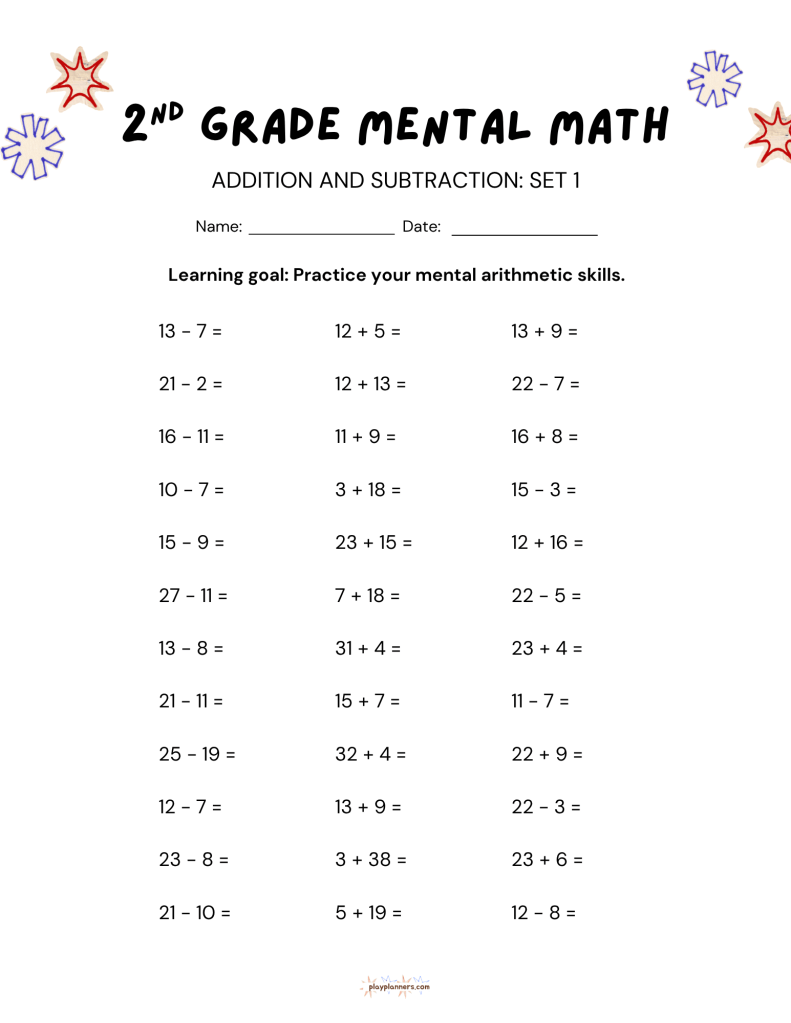 2nd Grade Mental Math Worksheets Addition and Subtraction - Worksheet 1