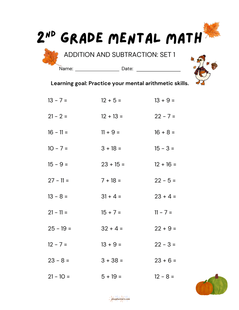 Fall Mental Math Worksheets for 2nd Grade - Addition and Subtraction Worksheet 1