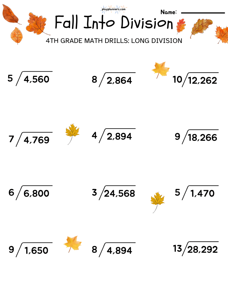 Fall Into Division - 4th Grade Long Division Worksheets - page 1