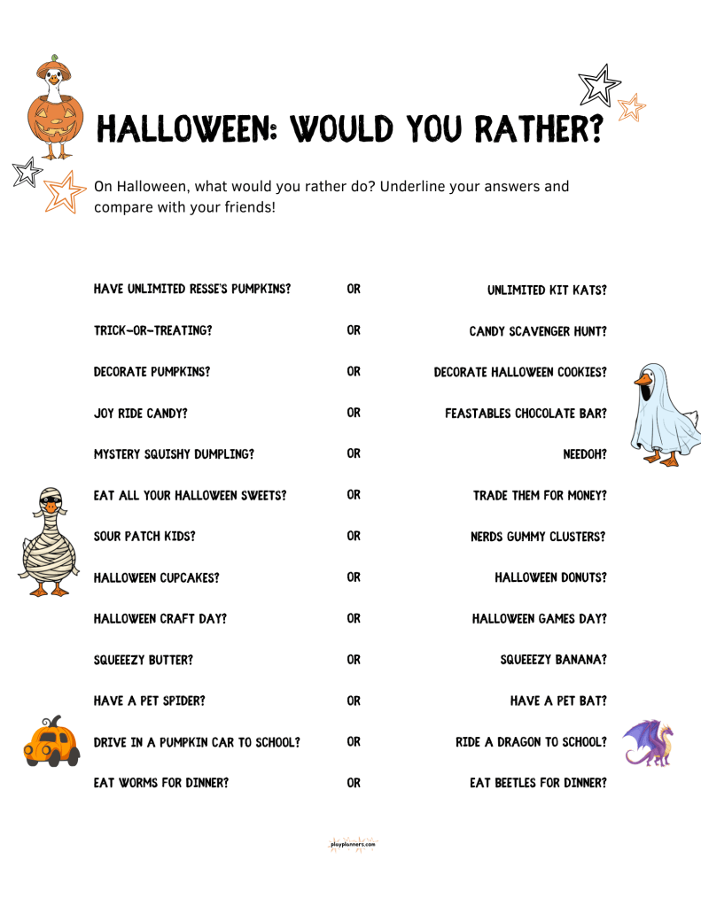 Free Halloween Would You Rather Printable for Kids preview - Halloween questions worksheet