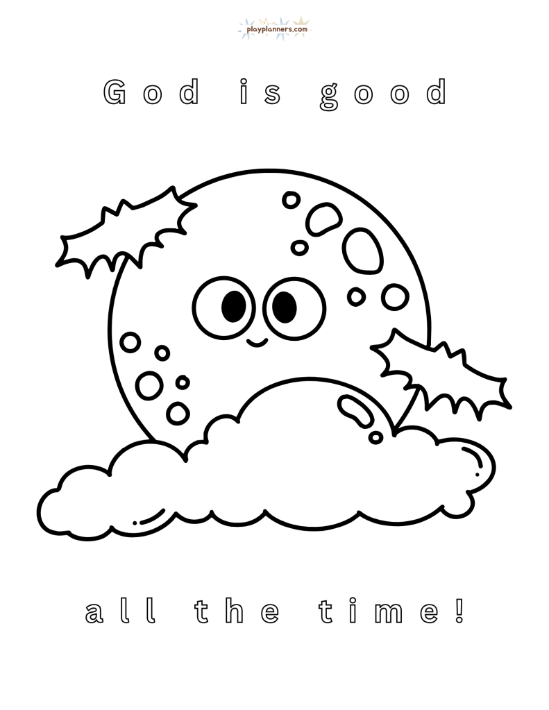 Non-scary Halloween coloring page - moon and clouds illustration with 'God is good all the time' quote