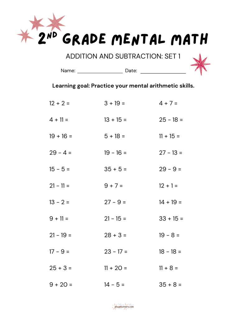 2nd Grade Mental Math Worksheets Addition and Subtraction - Set 1