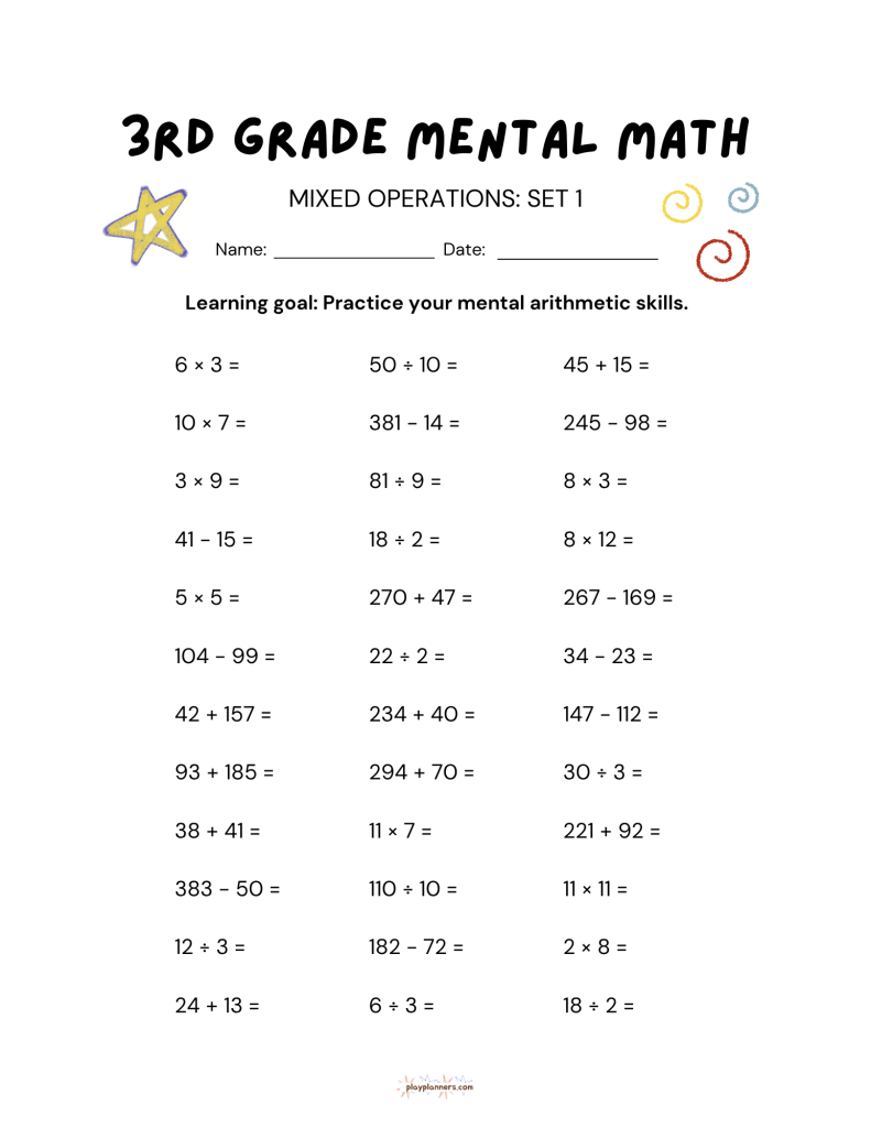 10 Free 3rd Grade Mental Math Worksheets Set 1 - Mixed Operations Set 1
