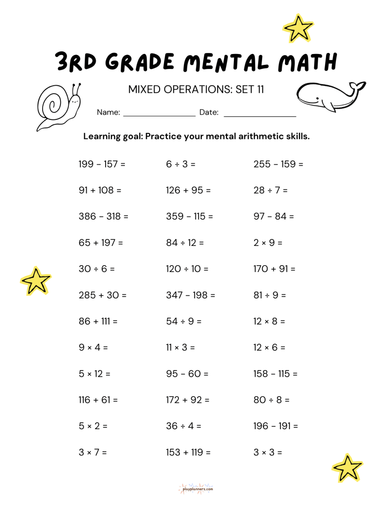 10 More 3rd Grade Mental Math Worksheets Set 2 - Mixed Operations Set 11