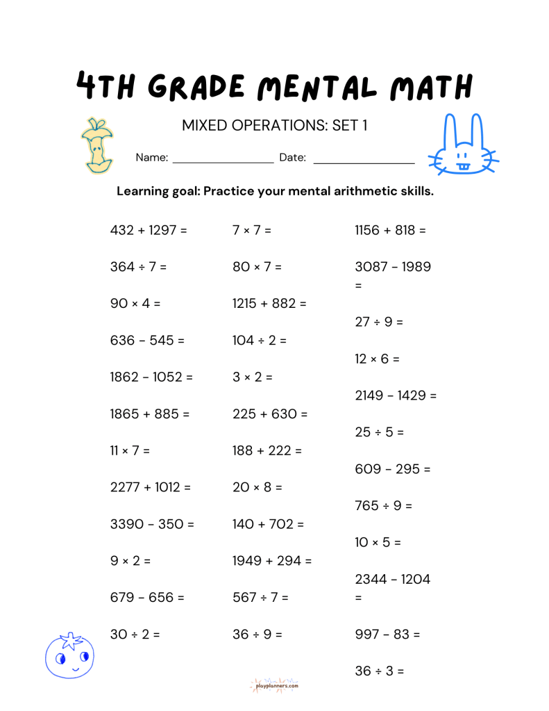 4th grade mental math worksheet, mixed operations set 1, printable practice page