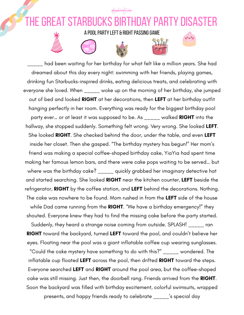 The Great Starbucks Birthday Mystery Right Left Game - instructions page with dog illustration
