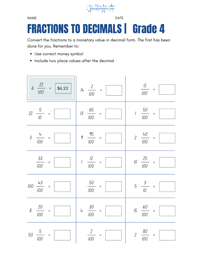 4th Grade Fractions to Decimals Worksheet - page 1
