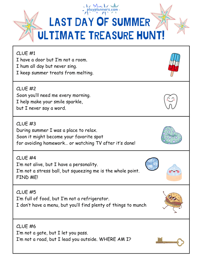 Last Day of Summer Treasure Hunt for Kids - printable page 1