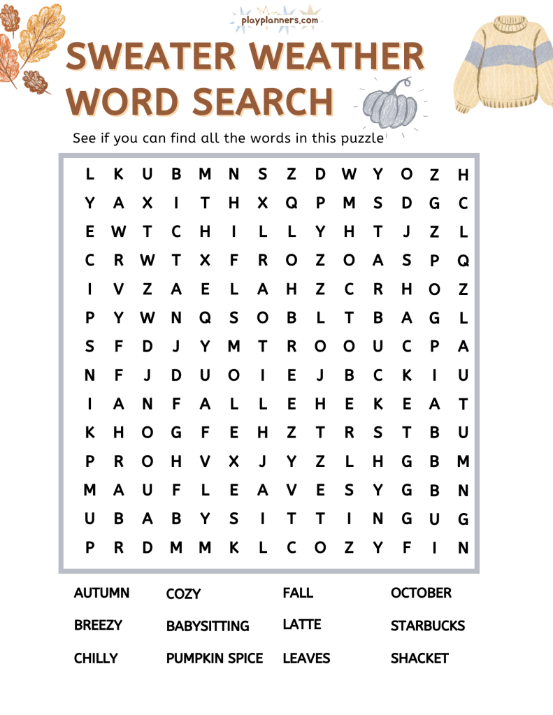 Free Fall Activity Pack for 3rd-5th Grade - Sweater Weather word search page