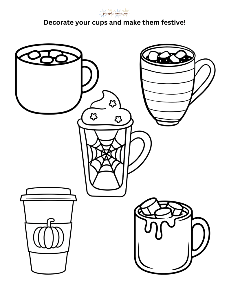 Non-scary Halloween coloring page - decorate the coffee cups illustration