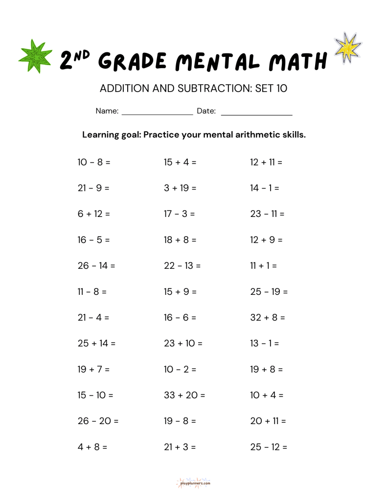 2nd Grade Mental Math Worksheets Addition and Subtraction - Set 10