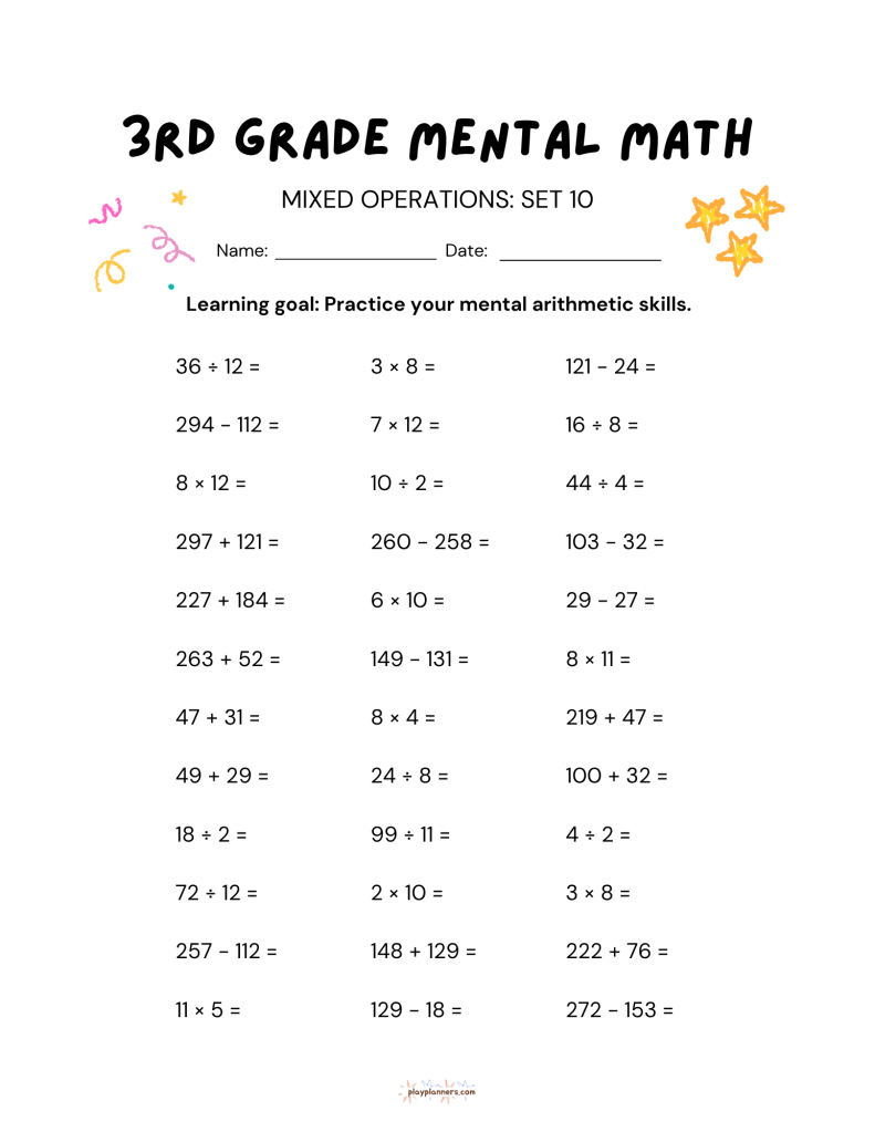 10 Free 3rd Grade Mental Math Worksheets Set 1 - Mixed Operations Set 10
