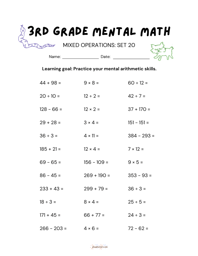10 More 3rd Grade Mental Math Worksheets Set 2 - Mixed Operations Set 20