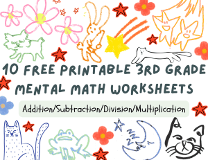 10 More 3rd Grade Mental Math Worksheets Set 2 cover with colorful stars and a hand-drawn puppy