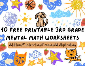 10 Free 3rd Grade Mental Math Worksheets Set 1 cover with colorful stars and a hand-drawn puppy