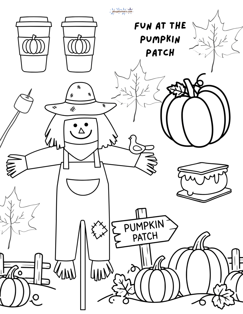 Fall Coloring Page - Pick at the Pumpkin Patch scarecrow illustration