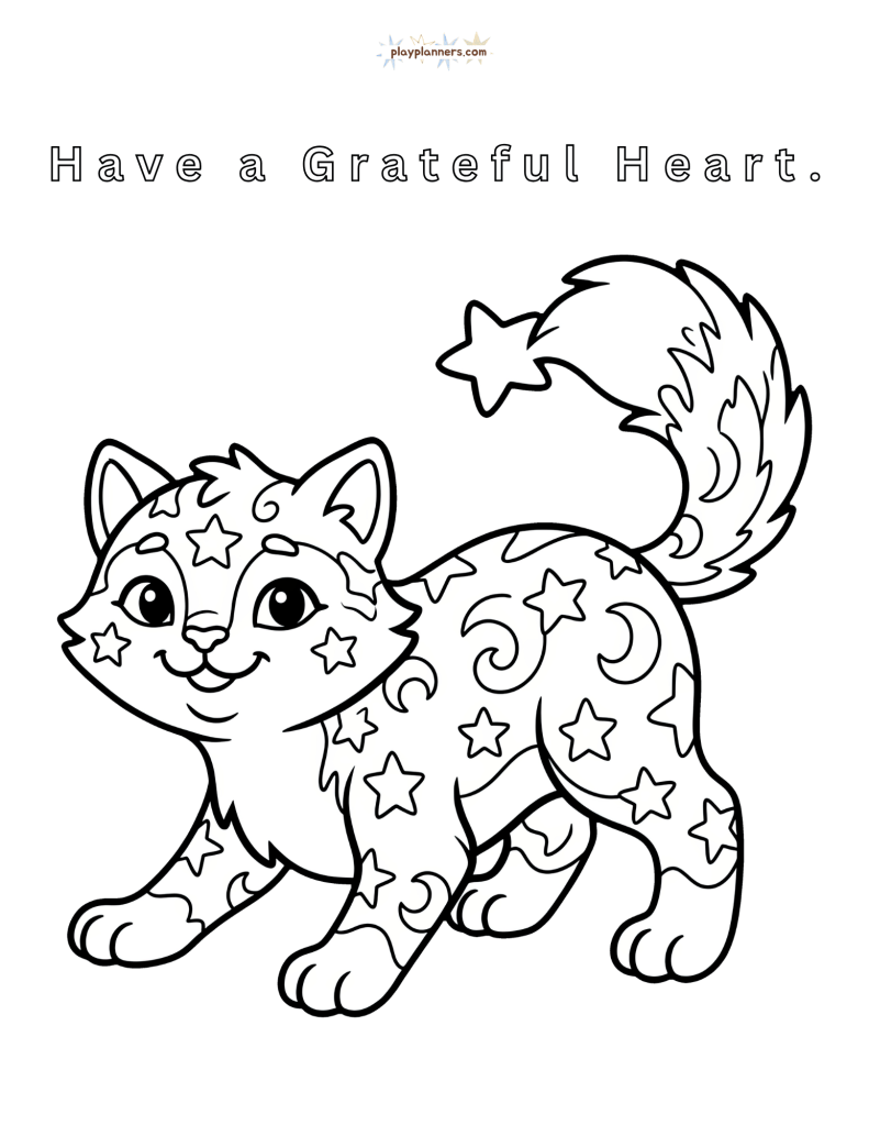 Non-scary Halloween coloring page - cat illustration with 'Have a Grateful Heart' quote