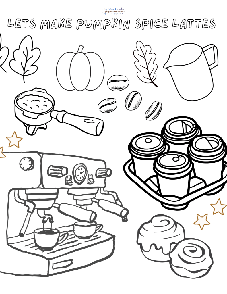 Fall Coloring Page - Let's Make Pumpkin Spice Lattes illustration
