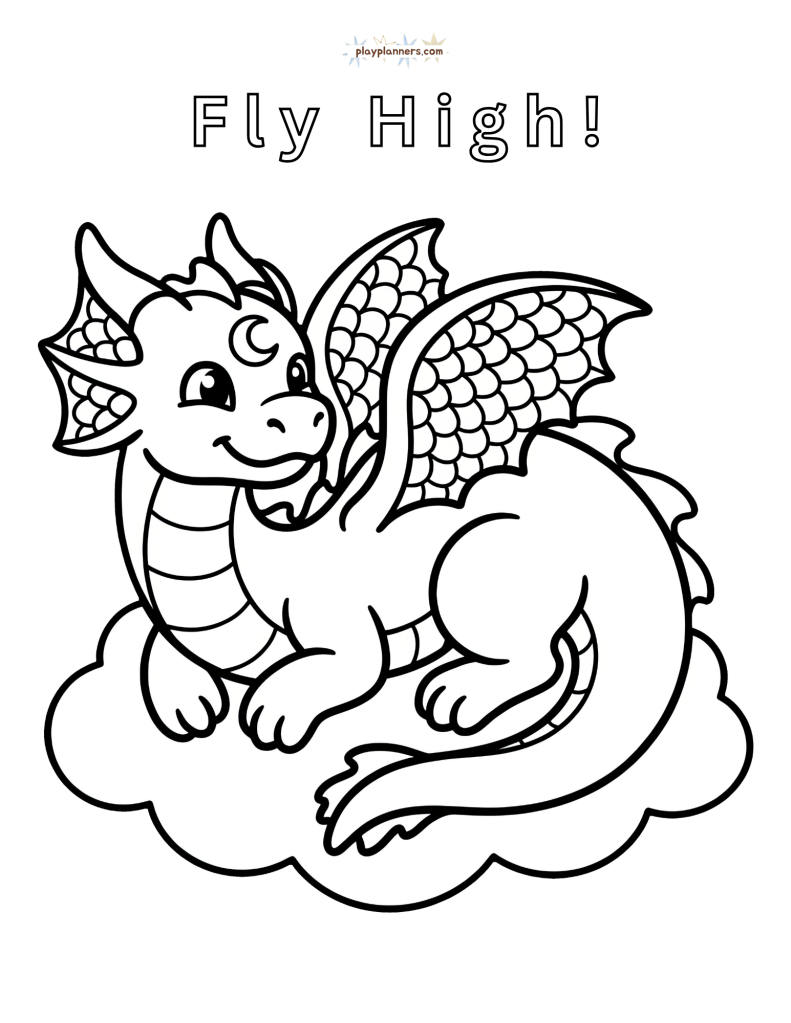 Non-scary Halloween coloring page - dragon on a cloud illustration with 'Fly High' quote