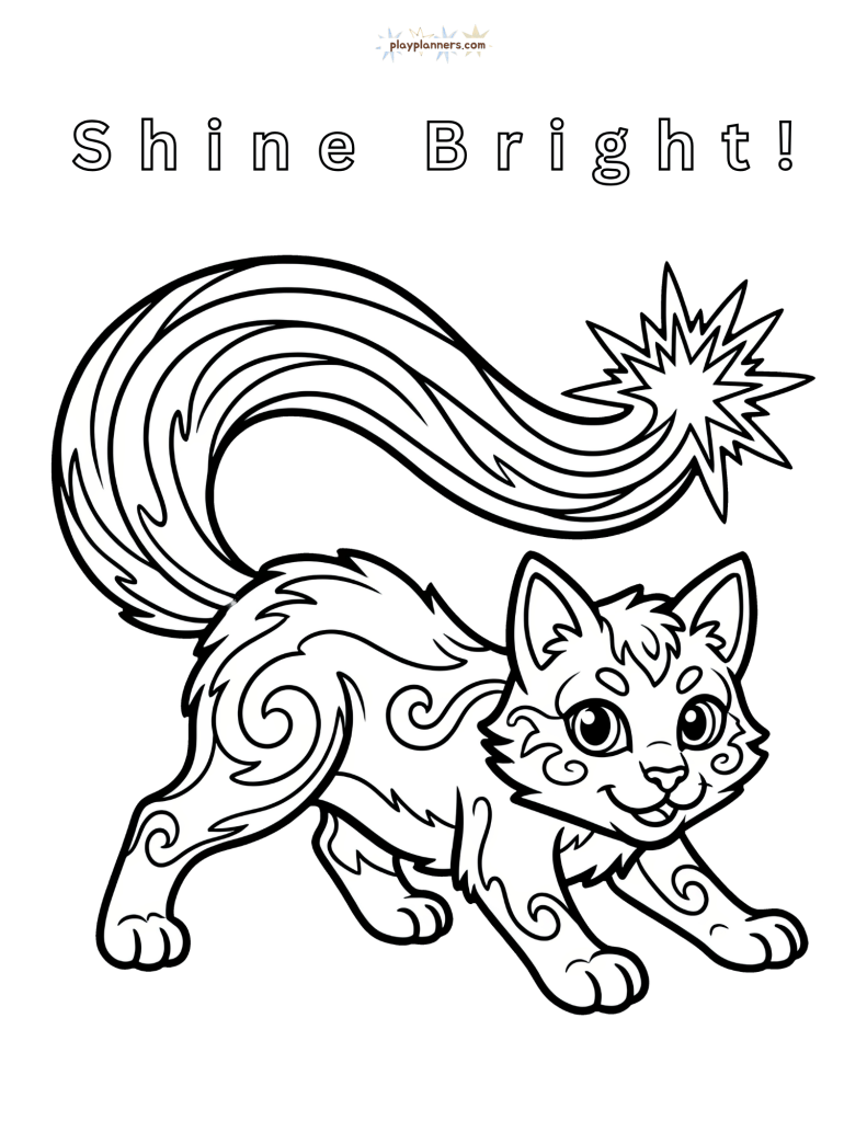 Non-scary Halloween coloring page - cat with shooting star illustration with 'Shine Bright' quote