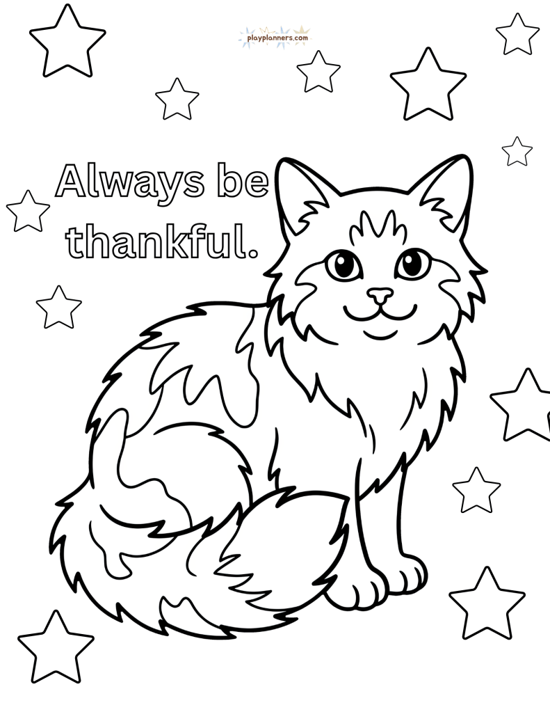 Non-scary Halloween coloring page - cat illustration with 'Always be thankful' quote