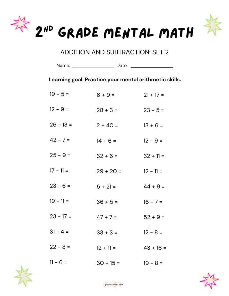 2nd Grade Mental Math Worksheets Addition and Subtraction - Worksheet 2