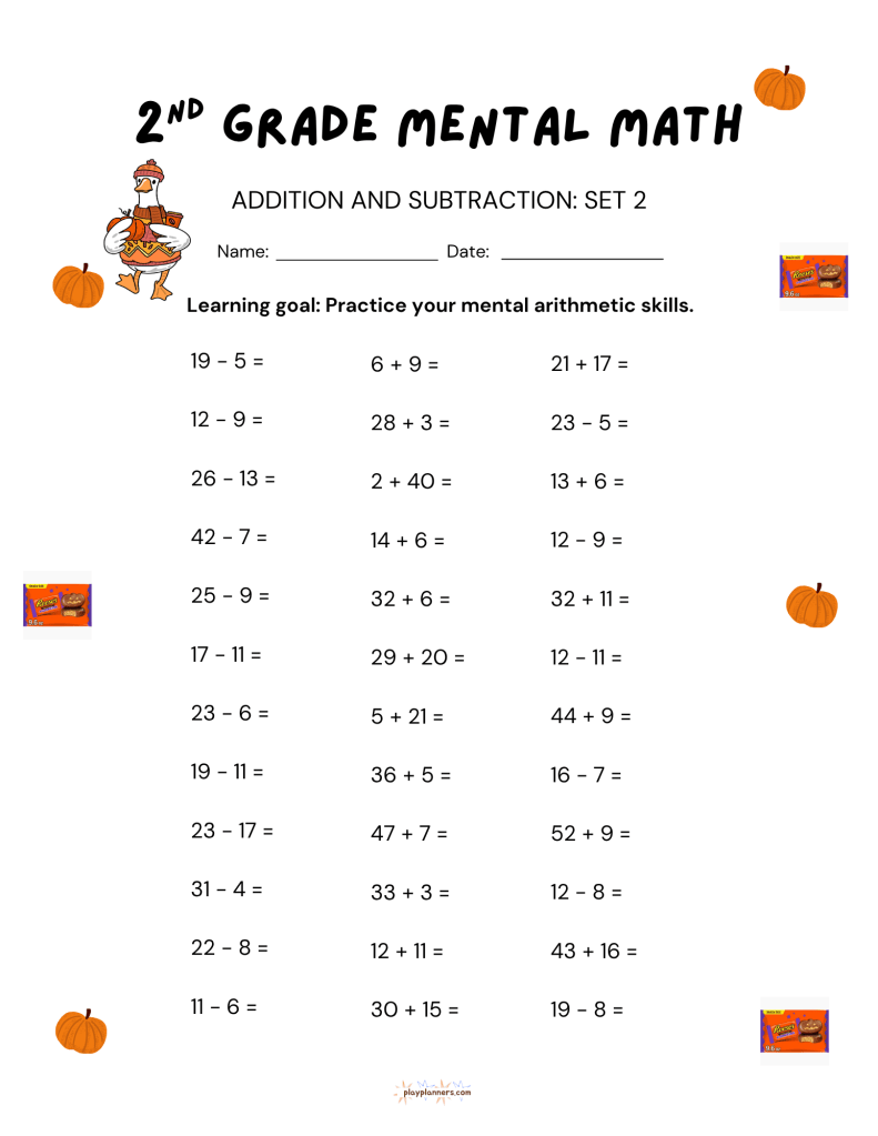 Fall Mental Math Worksheets for 2nd Grade - Addition and Subtraction Worksheet 4