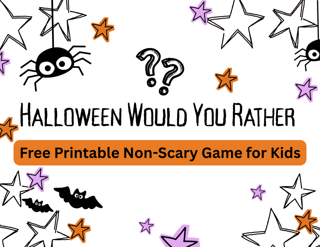 Free Halloween Would You Rather Printable for Kids cover with bats and stars