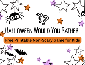Free Halloween Would You Rather Printable for Kids cover with bats and stars