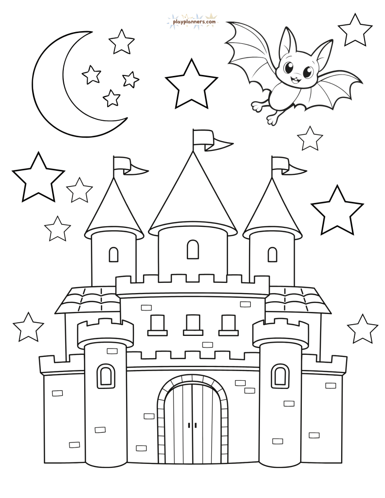 Non-scary Halloween coloring page - haunted castle and bat illustration with 'Share the Joy' quote