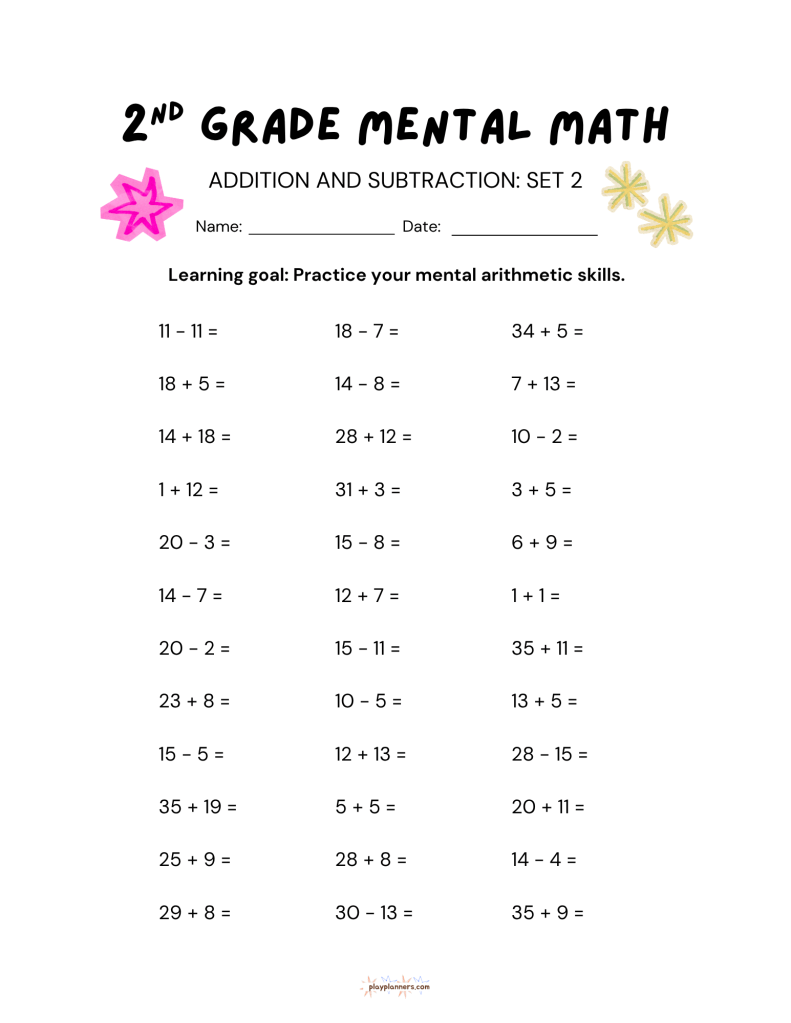 2nd Grade Mental Math Worksheets Addition and Subtraction - Set 2