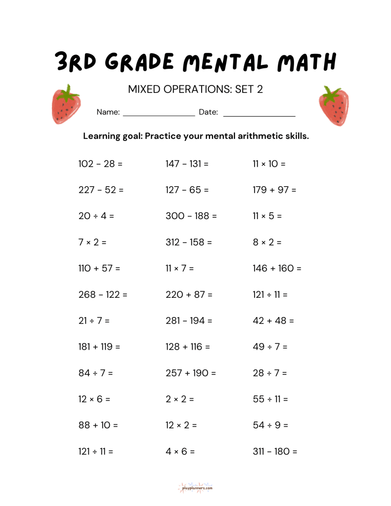10 Free 3rd Grade Mental Math Worksheets Set 1 - Mixed Operations Set 2