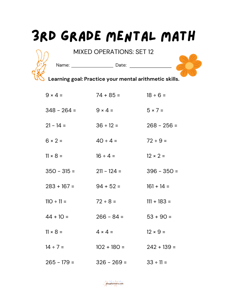 10 More 3rd Grade Mental Math Worksheets Set 2 - Mixed Operations Set 12