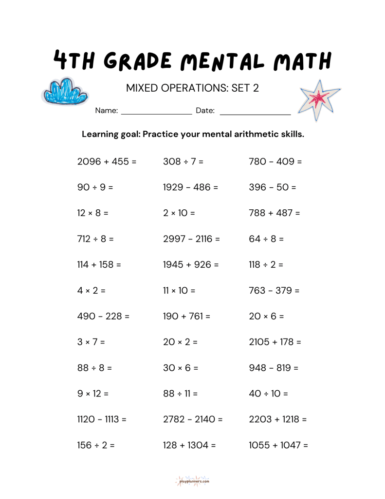 4th grade mental math worksheet, mixed operations set 2, printable practice page