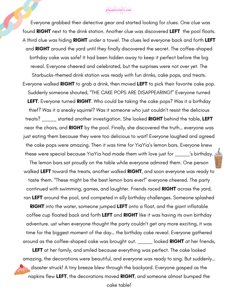 The Great Starbucks Birthday Mystery Right Left Game - story page