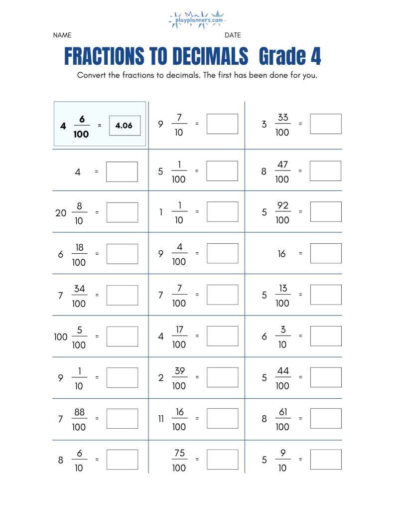 4th Grade Fractions to Decimals Worksheet - page 2
