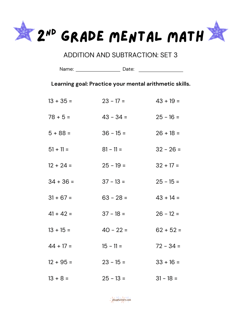 2nd Grade Mental Math Worksheets Addition and Subtraction - Worksheet 3