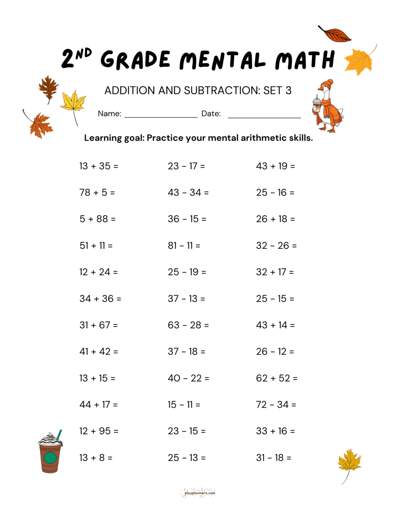 Fall Mental Math Worksheets for 2nd Grade - Addition and Subtraction Worksheet 2