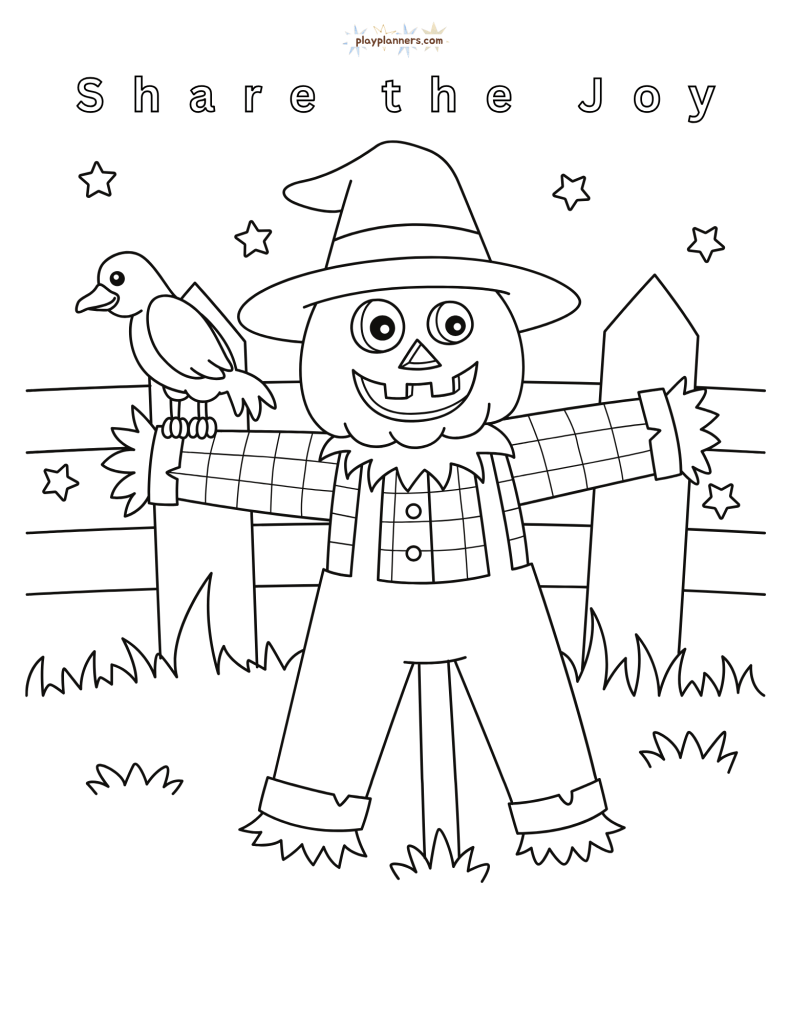 Non-scary Halloween coloring page - scarecrow illustration with 'Count your Blessings' quote