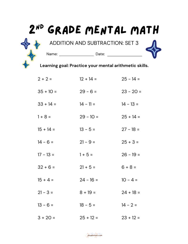 2nd Grade Mental Math Worksheets Addition and Subtraction - Set 3