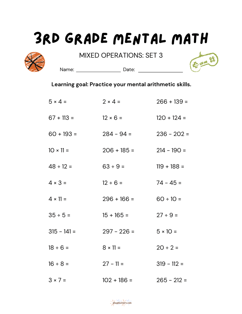10 Free 3rd Grade Mental Math Worksheets Set 1 - Mixed Operations Set 3