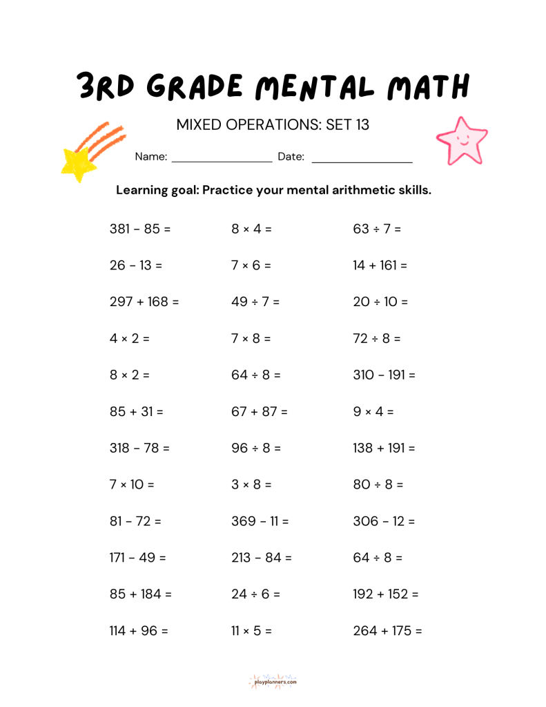 10 More 3rd Grade Mental Math Worksheets Set 2 - Mixed Operations Set 13