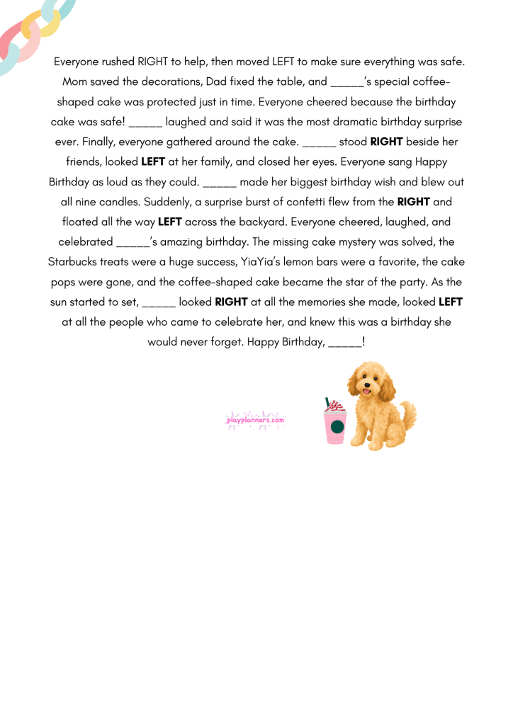 The Great Starbucks Birthday Mystery Right Left Game - closing page with dog illustration