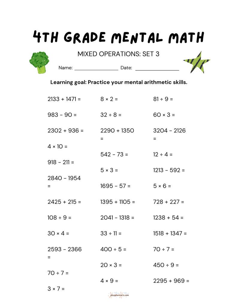 4th grade mental math worksheet, mixed operations set 3, printable practice page
